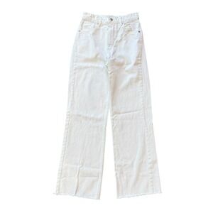 Zara‎ Wide Leg Crop Jeans Frayed Hem Ivory Off White High Waist Casual Sz 4